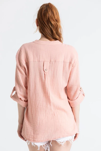 Uzun Kol Asu Yazlık Müslin Bluz Pudra Pdr L/XL Pudra - Resim 2