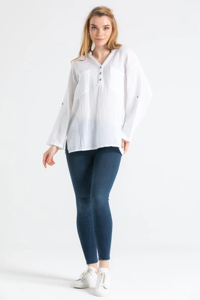 Uzun Kol Asu Yazlık Müslin Bluz Beyaz Byz 4XL/5XL Beyaz - 1