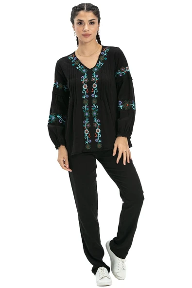 Uzun Kol Şile Bezi Ayşe Yazlık Bluz Siyah Syh S Siyah - 4