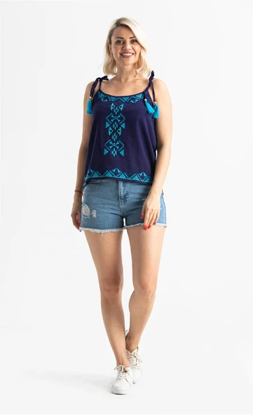 Askılı Şile Bezi Atiye Yazlık Bluz Mor Mor XL Mor - Resim 4