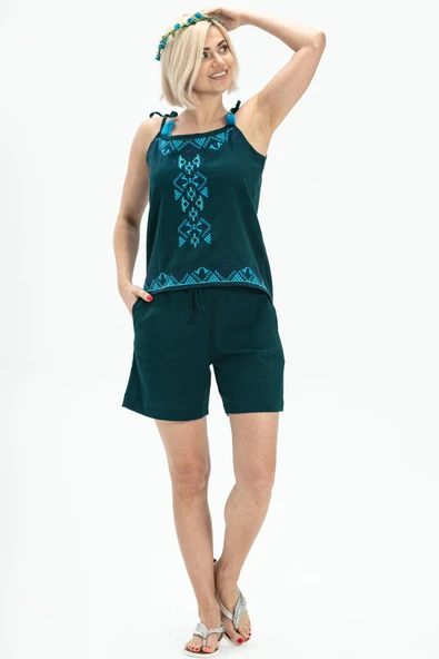 Askılı Şile Bezi Atiye Yazlık Bluz Petrol Ptrl L Petrol - 5