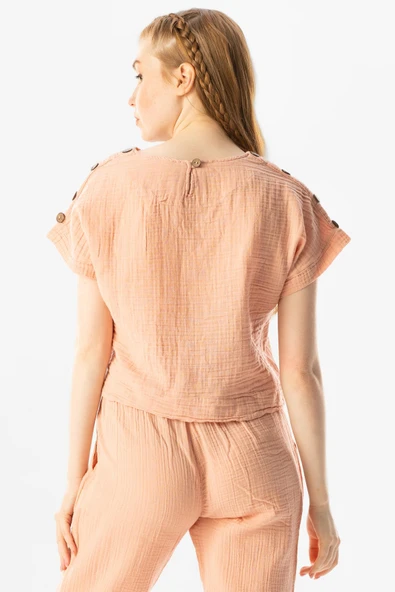 Kısa Kol İzel Yazlık Müslin Bluz Pudra Pdr M Pudra - Resim 2