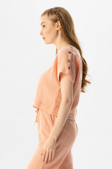 Kısa Kol İzel Yazlık Müslin Bluz Pudra Pdr M Pudra - Resim 4