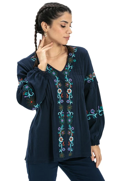 Uzun Kol Şile Bezi Ayşe Yazlık Bluz Lacivert Lcvt 2XL Lacivert - Resim 7