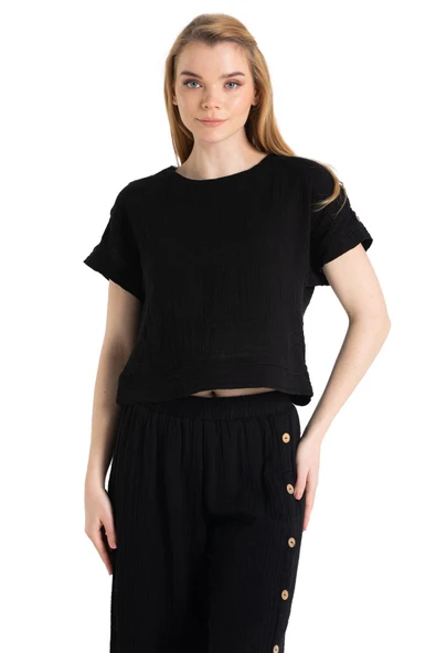 Kısa Kol İzel Yazlık Müslin Bluz Siyah Syh XL Siyah - Resim 5