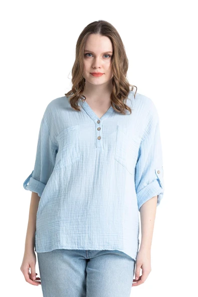 Uzun Kol Asu Yazlık Müslin Bluz Buz Mavi Bmv 2XL-3XL Buz Mavi - Resim 6