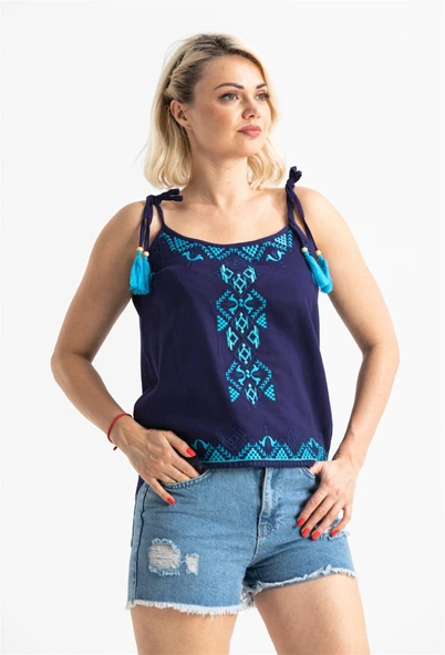 Askılı Şile Bezi Atiye Yazlık Bluz Mor Mor XL Mor - Resim 3