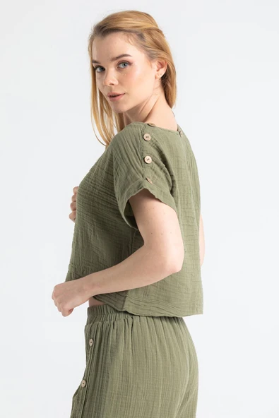 Kısa Kol İzel Yazlık Müslin Bluz Haki Hk S Haki - Resim 3