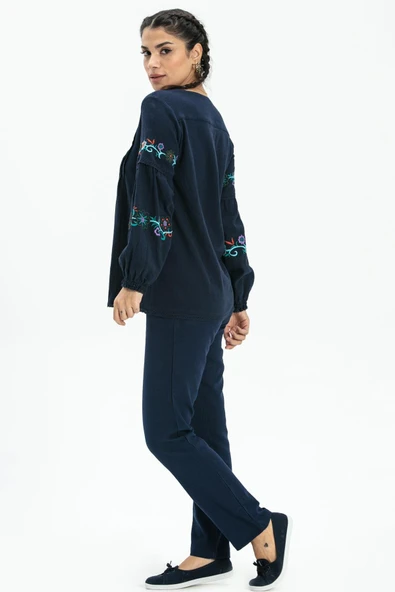 Uzun Kol Şile Bezi Ayşe Yazlık Bluz Lacivert Lcvt 2XL Lacivert - Resim 4