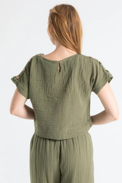 Kısa Kol İzel Yazlık Müslin Bluz Haki Hk M Haki - Resim 2