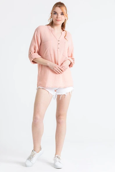 Uzun Kol Asu Yazlık Müslin Bluz Pudra Pdr S/M Pudra - Resim 5
