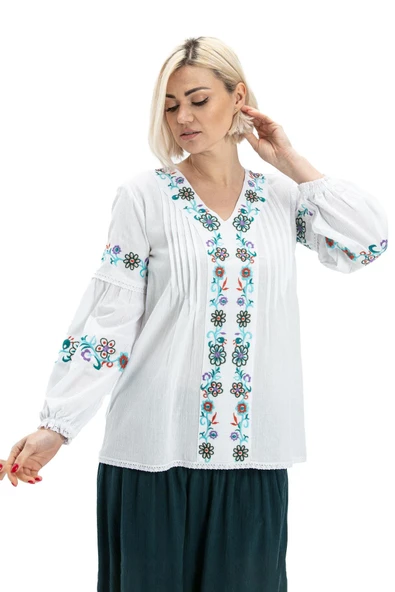 Uzun Kol Şile Bezi Ayşe Yazlık Bluz Beyaz Byz 2XL Beyaz - Resim 7