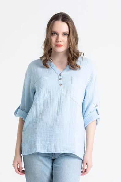 Uzun Kol Asu Yazlık Müslin Bluz Buz Mavi Bmv 2XL-3XL Buz Mavi ürün görseli