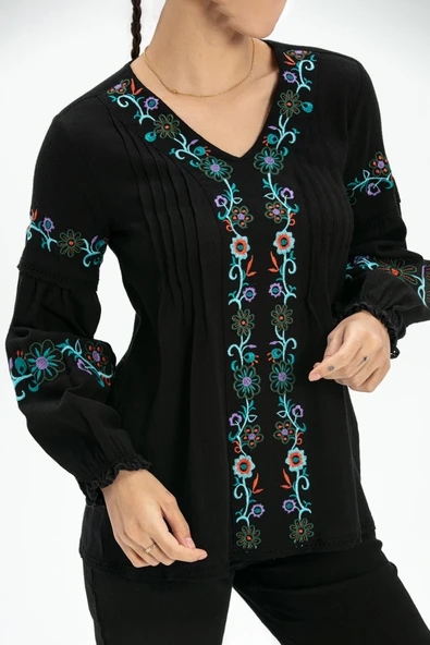 Uzun Kol Şile Bezi Ayşe Yazlık Bluz Siyah Syh M Siyah - Resim 2