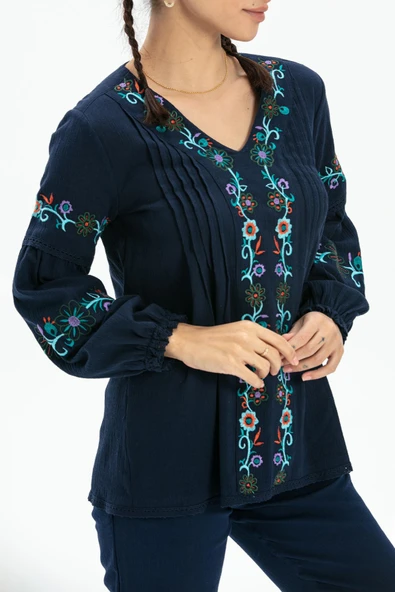 Uzun Kol Şile Bezi Ayşe Yazlık Bluz Lacivert Lcvt XL Lacivert - 3