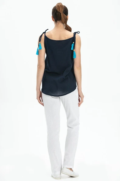 Askılı Şile Bezi Atiye Yazlık Bluz Lacivert Lcvt S Lacivert - Resim 2