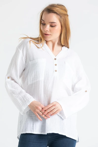 Uzun Kol Asu Yazlık Müslin Bluz Beyaz Byz 2XL-3XL Beyaz - Resim 5