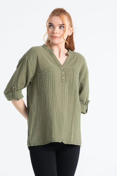 Uzun Kol Asu Yazlık Müslin Bluz Haki Hk 2XL-3XL Haki - Resim 4