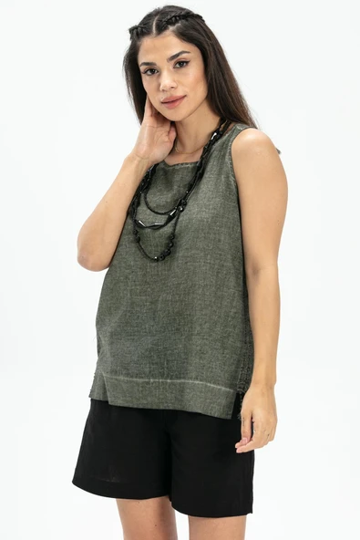 Kolsuz Poplin Zeyno Yazlık Bluz Haki Hk 2XL Haki - Resim 4