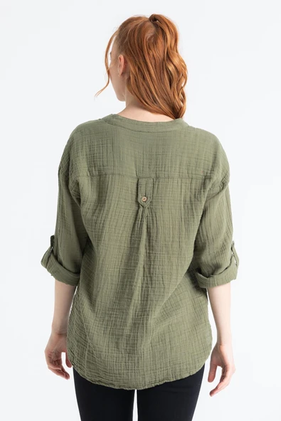 Uzun Kol Asu Yazlık Müslin Bluz Haki Hk 2XL-3XL Haki - Resim 2