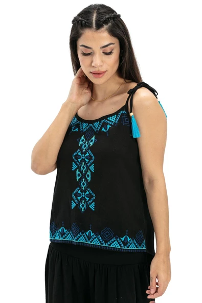 Askılı Şile Bezi Atiye Yazlık Bluz Siyah Syh S Siyah - Resim 7