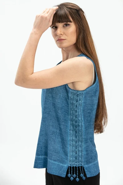 Kolsuz Poplin Zeyno Yazlık Bluz İndigo indg L İndigo - 3
