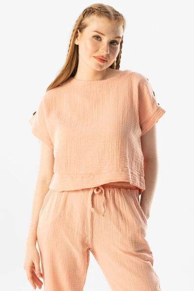 Kısa Kol İzel Yazlık Müslin Bluz Pudra Pdr L Pudra ürün görseli