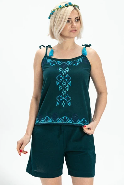 Askılı Şile Bezi Atiye Yazlık Bluz Petrol Ptrl L Petrol