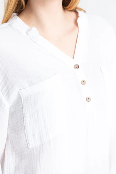 Uzun Kol Asu Yazlık Müslin Bluz Beyaz Byz 2XL-3XL Beyaz - Resim 3