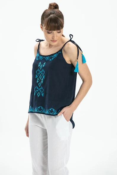 Askılı Şile Bezi Atiye Yazlık Bluz Lacivert Lcvt L Lacivert - Resim 4