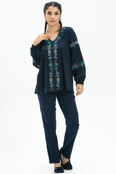 Uzun Kol Şile Bezi Ayşe Yazlık Bluz Lacivert Lcvt 2XL Lacivert - Resim 5