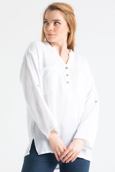 Uzun Kol Asu Yazlık Müslin Bluz Beyaz Byz 4XL/5XL Beyaz - 4