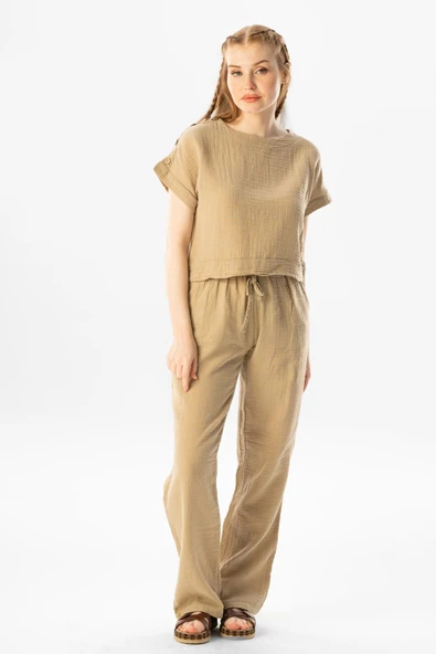 Kısa Kol İzel Yazlık Müslin Bluz Vizon Vzn S Vizon - Resim 6