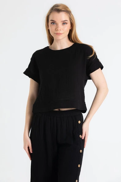 Kısa Kol İzel Yazlık Müslin Bluz Siyah Syh S Siyah ürün görseli