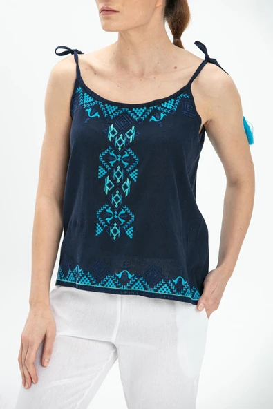 Askılı Şile Bezi Atiye Yazlık Bluz Lacivert Lcvt M Lacivert - Resim 3