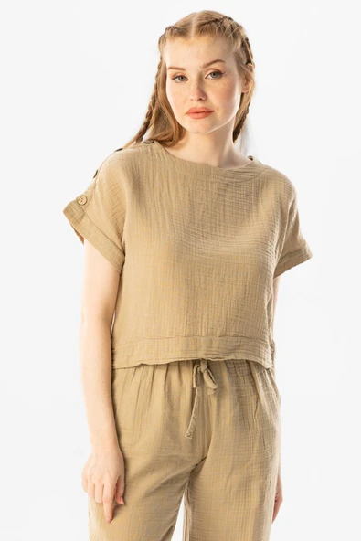 Kısa Kol İzel Yazlık Müslin Bluz Vizon Vzn S Vizon - Resim 5