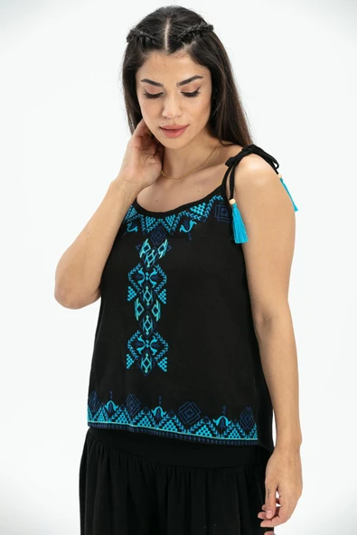 Askılı Şile Bezi Atiye Yazlık Bluz Siyah Syh S Siyah ürün görseli