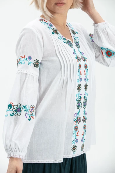 Uzun Kol Şile Bezi Ayşe Yazlık Bluz Beyaz Byz 2XL Beyaz - Resim 3