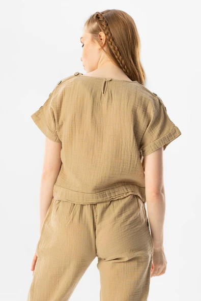 Kısa Kol İzel Yazlık Müslin Bluz Vizon Vzn S Vizon - Resim 2