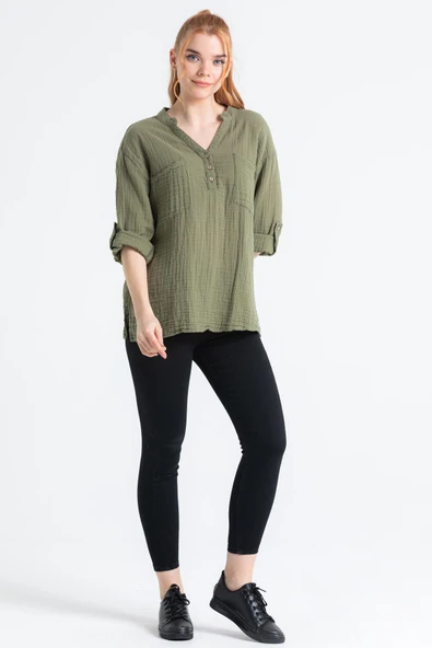 Uzun Kol Asu Yazlık Müslin Bluz Haki Hk S/M Haki - Resim 5