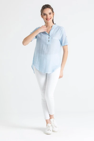 Kısa Kol Şile Bezi Akasya Yazlık Bluz Buz Mavi Bmv M Buz Mavi - Resim 4