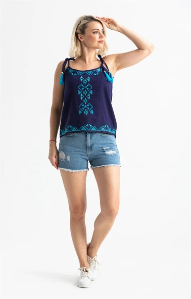 Askılı Şile Bezi Atiye Yazlık Bluz Mor Mor S Mor - Resim 5