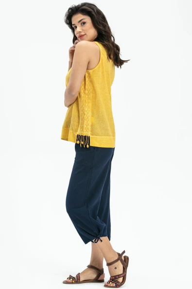 Kolsuz Poplin Zeyno Yazlık Bluz Sarı Sarı S Sarı - Resim 4