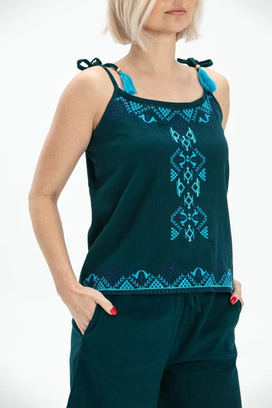 Askılı Şile Bezi Atiye Yazlık Bluz Petrol Ptrl M Petrol - Resim 3