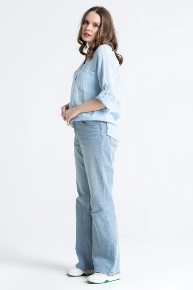 Uzun Kol Asu Yazlık Müslin Bluz Buz Mavi Bmv 2XL-3XL Buz Mavi - Resim 3