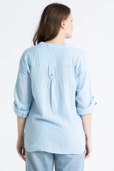 Uzun Kol Asu Yazlık Müslin Bluz Buz Mavi Bmv L/XL Buz Mavi - Resim 2