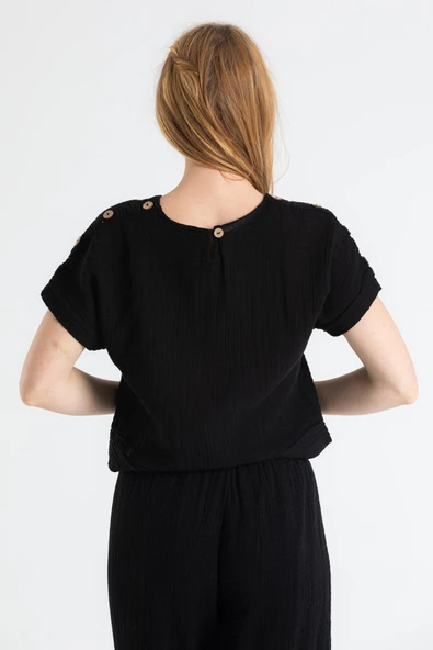 Kısa Kol İzel Yazlık Müslin Bluz Siyah Syh S Siyah - Resim 2