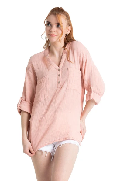 Uzun Kol Asu Yazlık Müslin Bluz Pudra Pdr - Resim 7