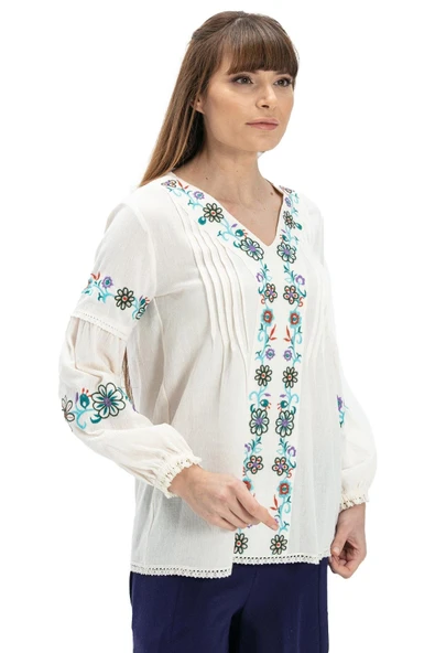 Uzun Kol Şile Bezi Ayşe Yazlık Bluz Krem Krm 2XL Krem - Resim 7