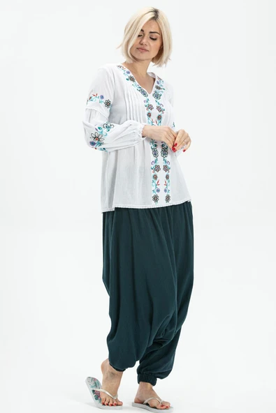 Uzun Kol Şile Bezi Ayşe Yazlık Bluz Beyaz Byz M Beyaz - Resim 5